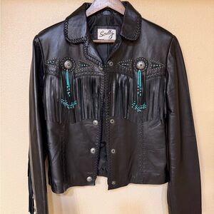 Scully Black Leather Jacket with Fringe and Bead Accents (new without tags)